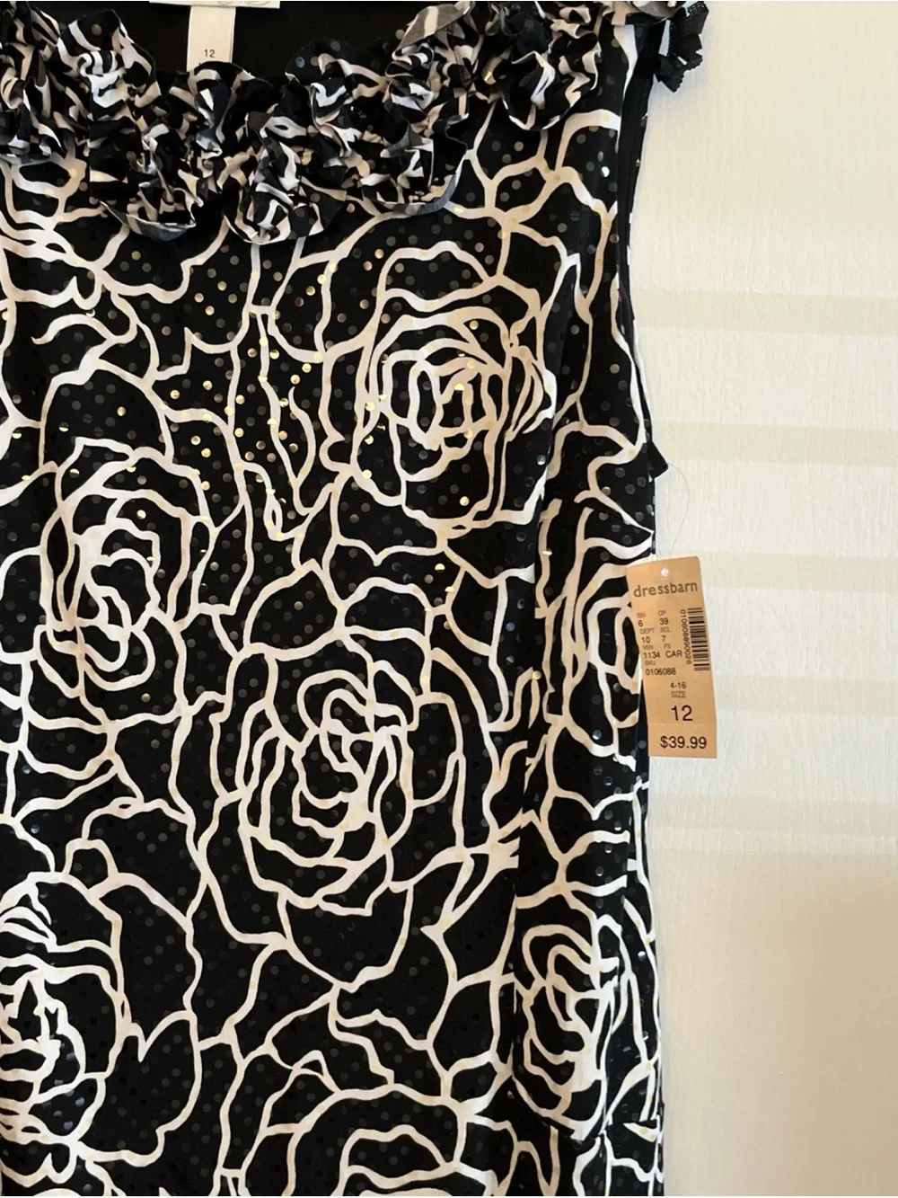 Dress Barn Black and White Rose-Print Ruffle-Neck Mini Dress
